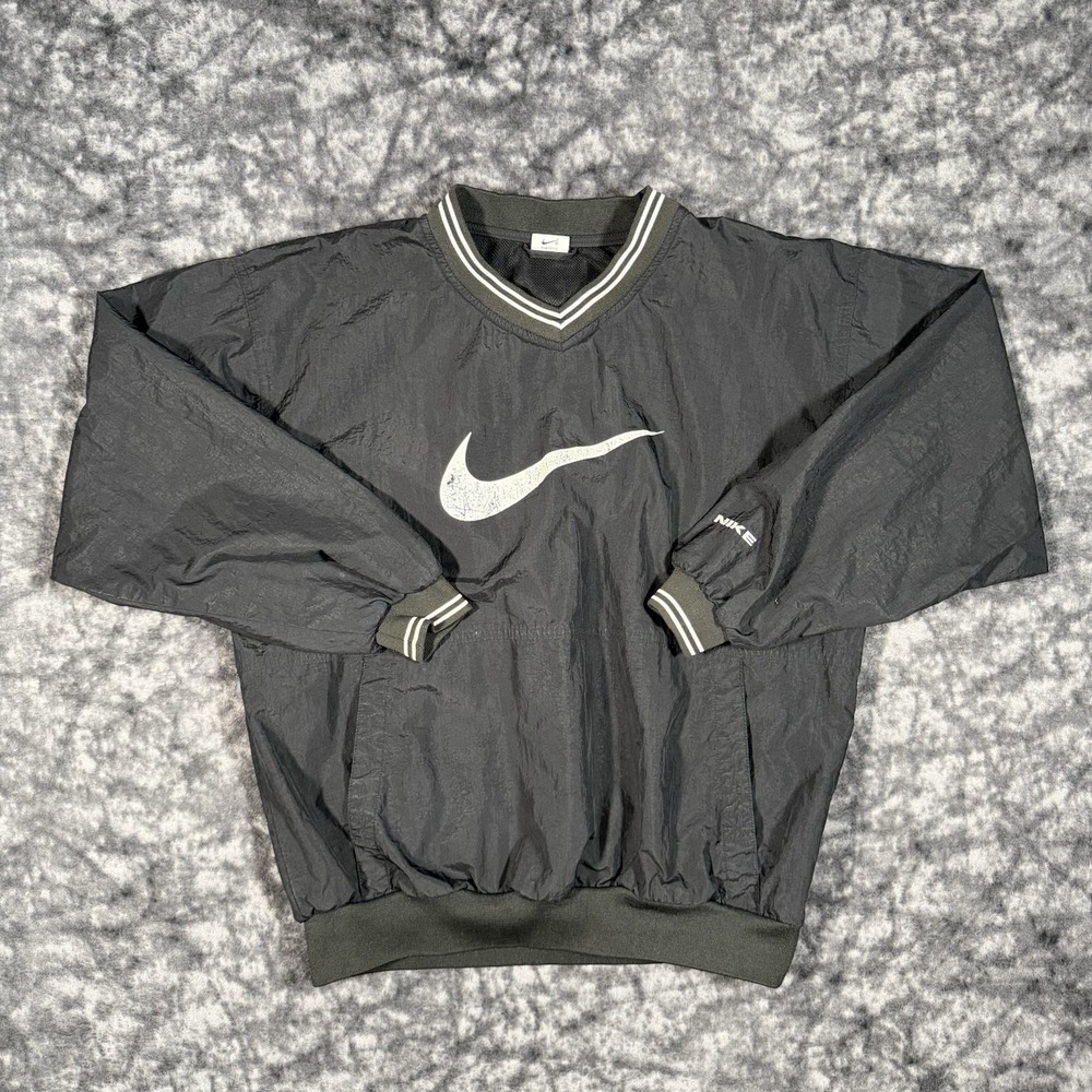 Vintage Nike Big Center Check Pullover Windbreaker Jacket Black Embroidered XL